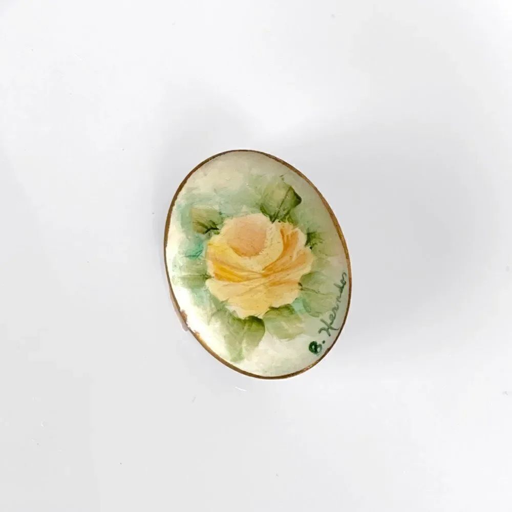 Vintage Hand Painted Porcelain Brooch Signed